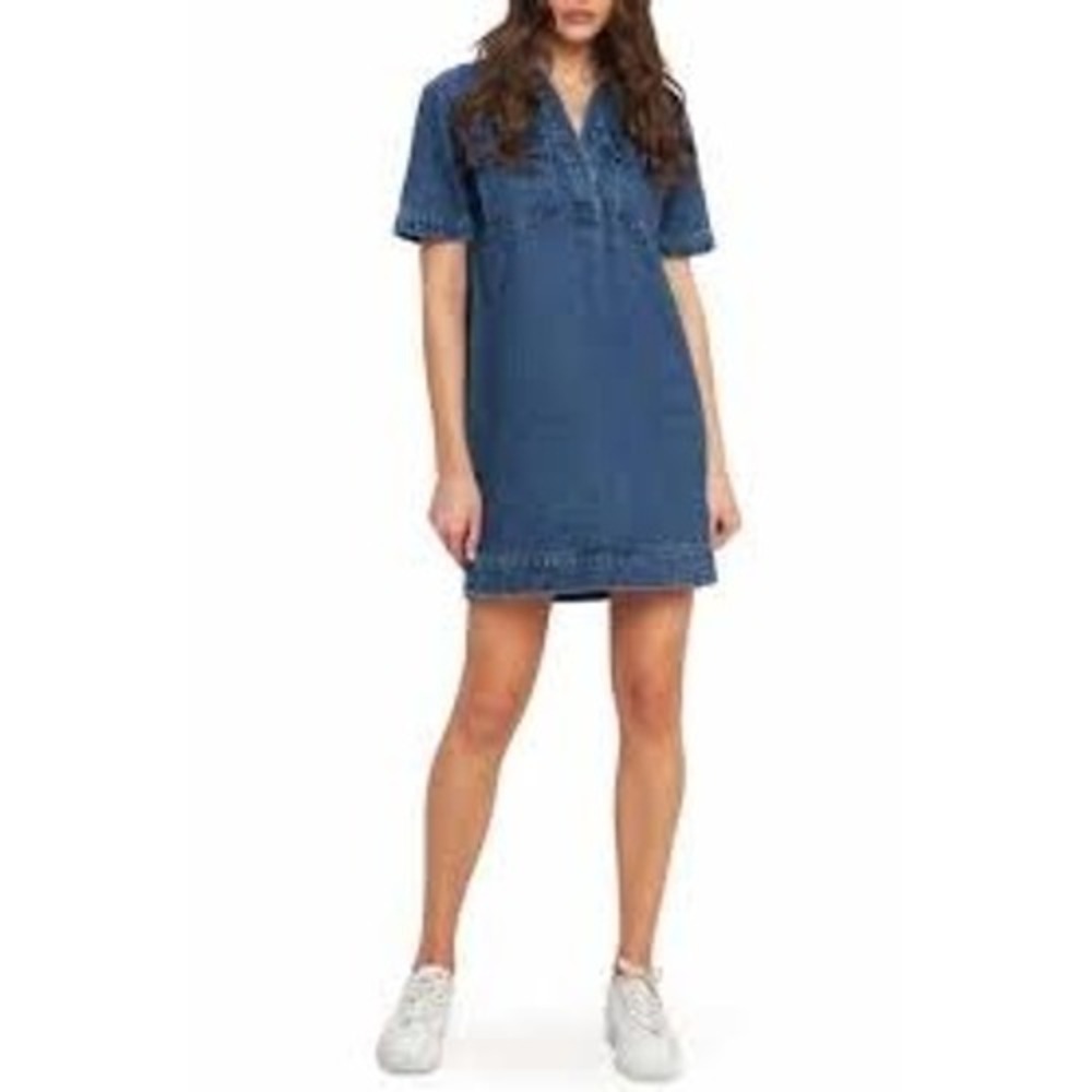 Habitual Womens Denim Shift Dress Medium Wash Short Sleeve V-Neck Blue Size M